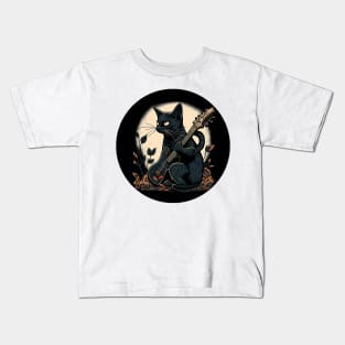 Cat Playing Guitar Vintage - Black Cat Guitar Kids T-Shirt